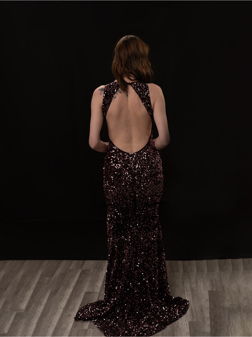 Backless Sequin Evening Gown in Deep Wine